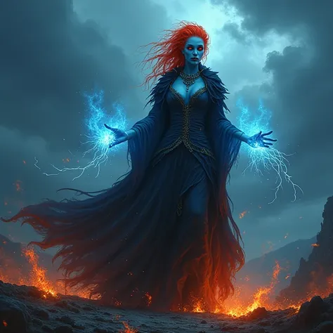 A evil witch, red hair, black magic, blue skin, clothers of fire, dark fantasy