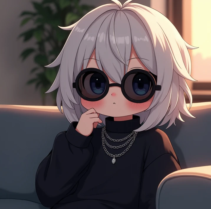 A chibi-style anime character with short, fluffy white hair sitting on a modern couch. The character wears round black sunglasses, a black oversized turtleneck sweater, and layered silver necklaces. The pose is relaxed, with one hand lightly resting near t...