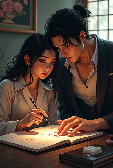  Create an image of a half Japanese woman with a tall man with handsome black hair holding a book and soaking it with ink. Make the image look like a more realistic manga with color .