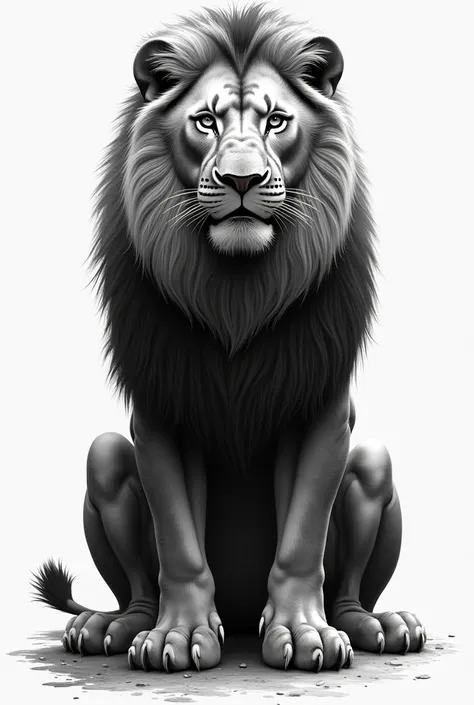 (masterpiece, best quality, highly detailed), photorealistic artwork of a lion, grayscale, monochromatic color scheme, intricate line art, bold contrasts, (sharp details), symmetrical composition, majestic posture, mane flowing naturally, detailed fur text...