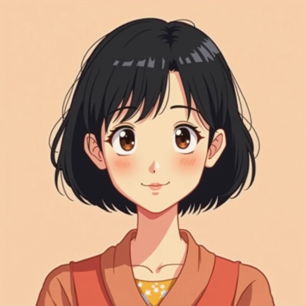 Create  illustration of a animation character whos a middle age japanese women with short black hair, round face and brown eyes. The character is set against a simple only one color background. In a nostalgic 2000s cartoons art style. The countour lines ar...