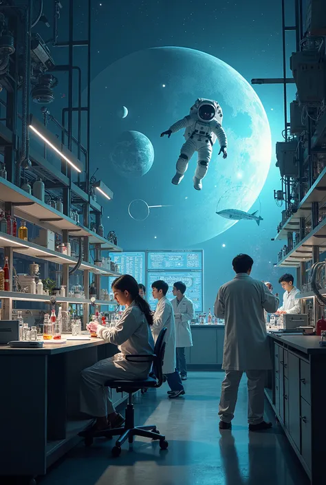 Continuous footage of students in laboratories, scientists at work, and astronauts in space.