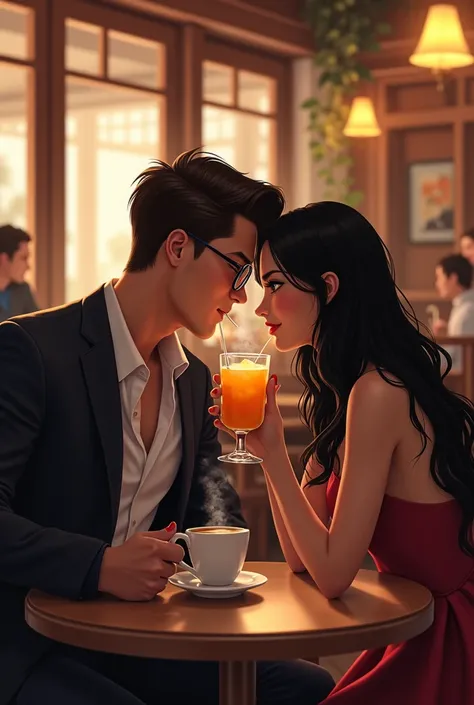 A handsome man with brown hair and glasses is sitting on a cafe with a gorgeous woman with long black hair and black eyes, who is drinking orange juice. The man is drinking coffee 