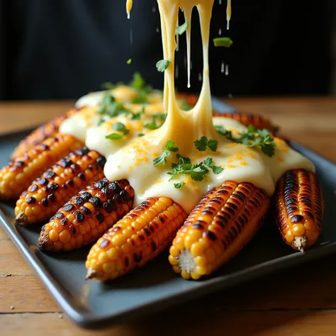  pieces of very burnt roasted corn that have been separated from the stem, long stretches of , put on a plate of restaurant ,  are poured with melted mozzarella cheese very much on top