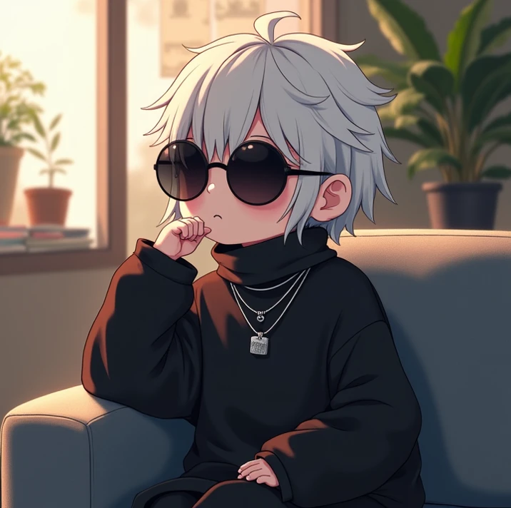 A chibi-style anime character with short, fluffy white hair sitting on a modern couch. The character wears round black sunglasses, a black oversized turtleneck sweater, and layered silver necklaces. The pose is relaxed, with one hand lightly resting near t...