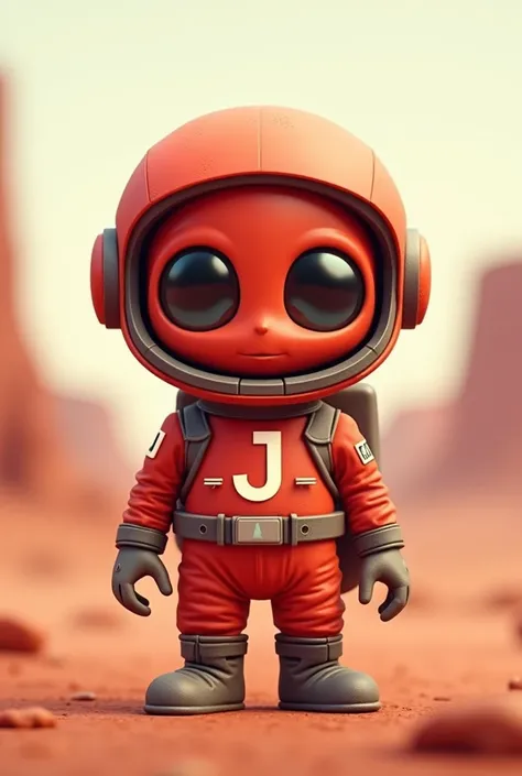 Create a small red Martian with the letter J and his lenses with his astronaut uniform but with a light red
