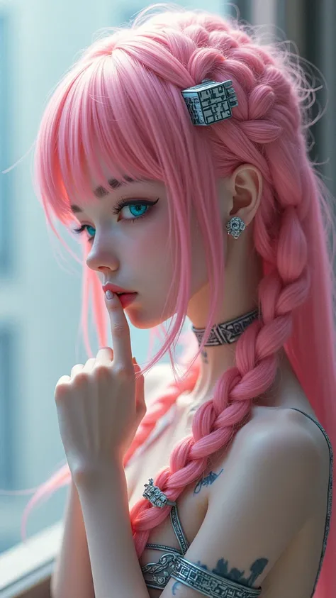  1 girl, Alone, Long Hair, chest,  putting their fingers in their lips, bangs,  blue eyes,  Hair Ornament ,  clevis,  bare shoulders, medium chest, very Long Hair,  Pink Hair,  braided ,  hair clips, blunt bangs, single  braided , side  braided ,  decorati...