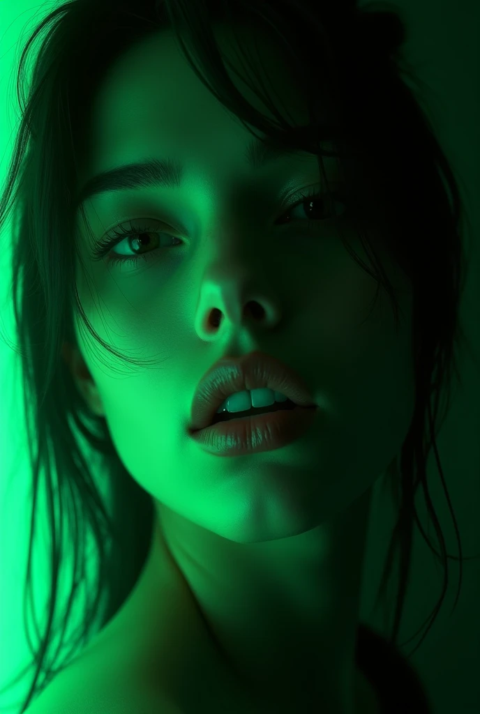 Half girl face, sexy, dark green neon lights, ki