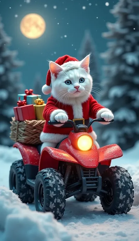 A cute white cat dressed in a Santa Claus outfit, riding a sleigh, in a Christmas night scene with trees in the background. The ATV carries colorful gifts on the back, and the mood is lit by a full moon. The style of the image is festive and cozy, with a t...