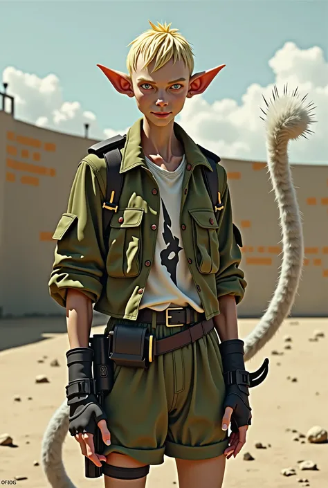 4k, Medium-sized, thin elf men, , light skin, light eyes, military suit, short hair, wall in the background, clear sky, arid sound, Looking at the camera, has a cat Fluffy tail, yellow hair, With black highlights , long hair, gentle look, hands with claws,...