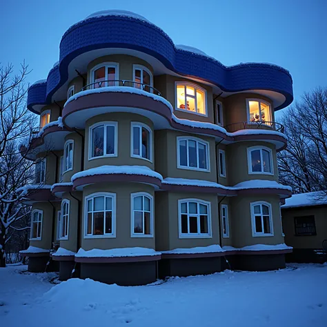 Winter evening,  a multi-storey building with a blue rounded tile roof, some windows are light and you can see people .  The house itself looks like it comes from cartoons - its painted , rounded roof , Lots of snow, rounded balconies .  Windows have few p...