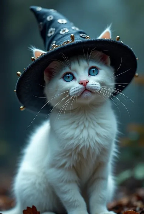 Picture a white cat with blue eyes and a witch hat