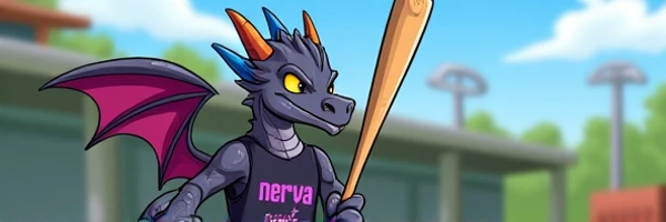  A complete scene of a cartoon dragon wearing dark gray scales /blue,  red-orange horns and wingtips and black athletic-style clothing with " Nerva Mascot "  written in dark / purple on the chest .   The dragon is confident  ,  displaying a bold and dynami...