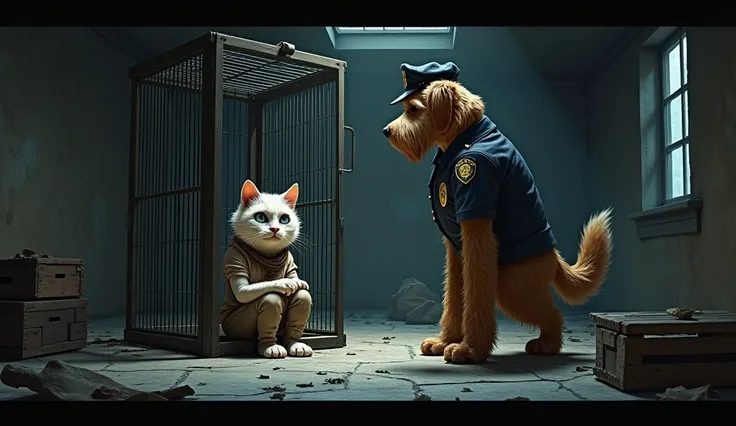 Style: Realistic, cinematic, action, sharp, concept art. Details: a dog police step to big square cage, BREAK, a girl cat sit, hugging her legs, inside of big square cage, inside of big abandoned house, at night. Character: a dog police, labradoodle, tan f...