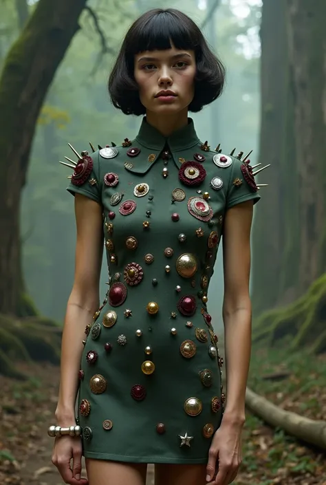 A shoot in the style of Tim Walker. A male model wears a 60s mini shift dress made out of badges and silver spikes. The colour of the badges are silver, burgundy, dark sage green and flesh tone pink and the colours are even spread. 