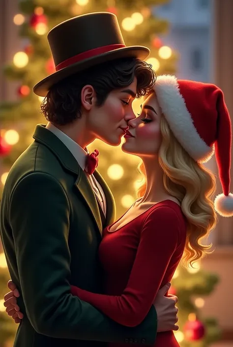 , the guy in the grandfathers hat with black hair and brown eyes kisses
blonde girl with green eyes,wearing a Santa Claus hat with a Christmas tree in the background 