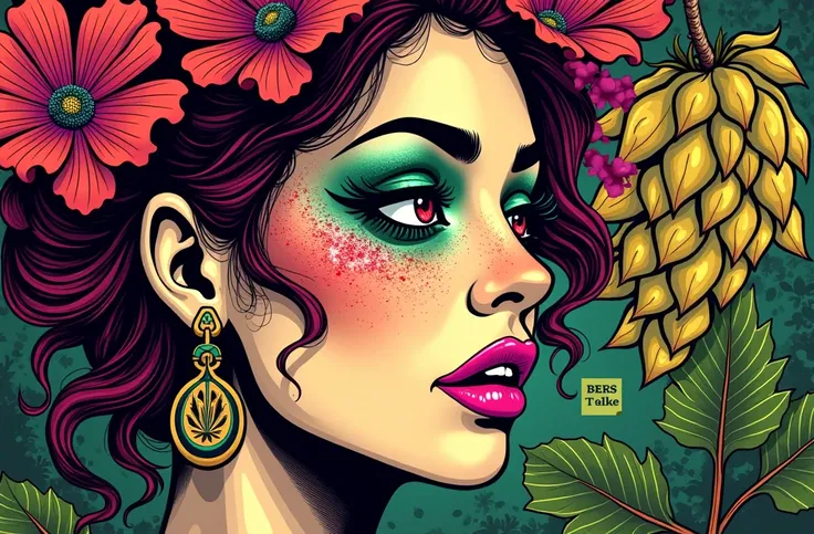  a close up of a sign with dehydrated hibiscus flowers and hops, y mujer con cabello lleno de lupulo psychopathsis, y un letrero que dija jamaica personaje de dibujos animados psychedelic, psychedelic art style, psychedelics, psychopath, psychopathtropic p...