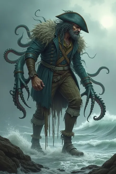  Create an image of a hybrid creature .  A wooden legged pirate with an octopus ,  both with their dominant features, but in a single body  