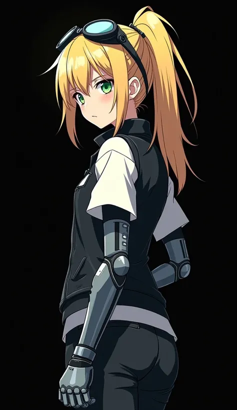 anime dark shadow shilloute a  30 year old engineer girl with ponytail blond hair and green eyes with googles on her head while wearing a white blouse with a leather vest over it and leather gloves with a robotic prosthetic arm standing in an intimidating ...