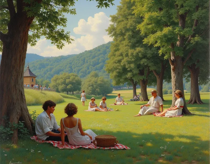 Pastoral Idyll is a characteristic theme of the Romantic period; scenes full of rustic sensibility; lush landscapes; several figures in various states of repose; leisurely gatherings, picnics, and peaceful moments outdoors; idyllic scenes with flourishing ...