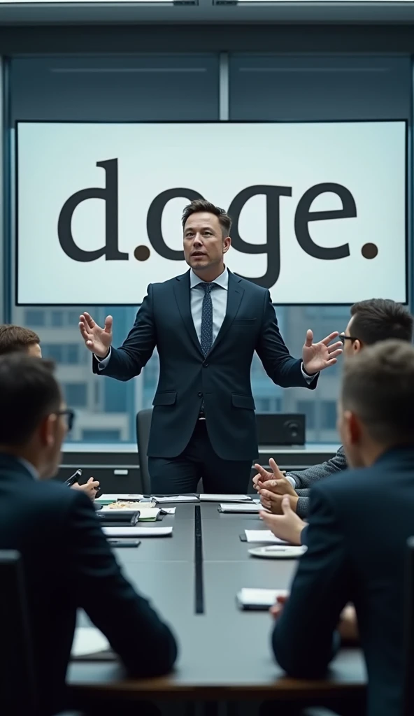 (photorealism:1.2), Elon Musk leading a focused discussion with a team of energetic professionals, pointing at a screen displaying the word “D.O.G.E.” in bold graphics.