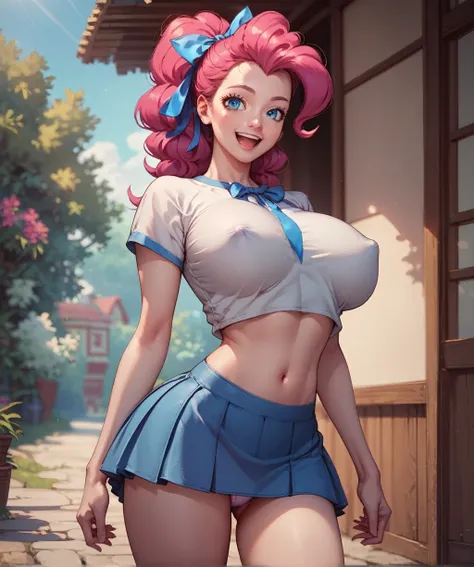 score_9, score_8_up, score_7_up, score_6_up, score_5_up, score_4_up, source_anime, rating_suggestive, (pinkie pie, pale skin), hair ribbon, ponytail,mini skirt, shirt, midriff, nipple bulge, happy, looking at viewer,masterpiece, detailed soft lighting, out...