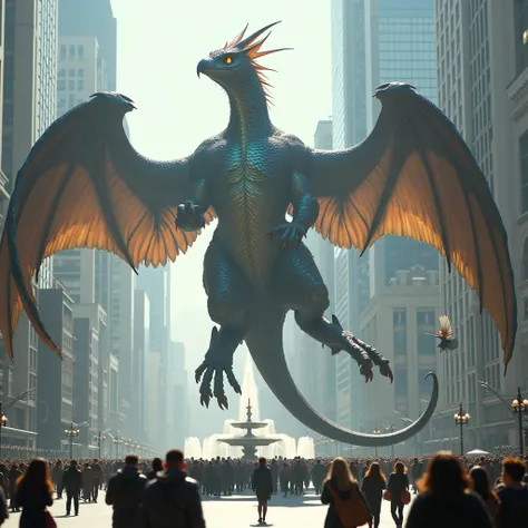 Unknown creature, resembling a cross between a massive bird and a serpent, its wings partially extended, hovering above the crowd, surrounded by people taking photos and marveling at its unusual form, the scene takes place in a wide city plaza with tall bu...