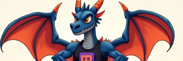  A complete scene of a cartoon dragon wearing dark gray scales /blue,  red-orange horns and wingtips and black athletic-style clothing with " Nerva Mascot "  written in dark / purple on the chest .   The dragon is confident  ,  displaying a bold and dynami...