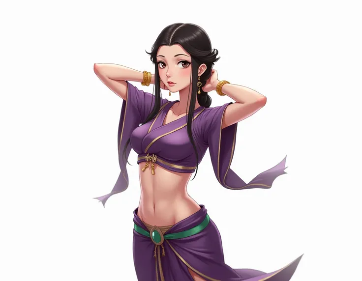 An elegant anime-style illustration of a woman wearing a modernized traditional Thai outfit. The outfit consists of a purple crop-top blouse with a flowing shoulder drape, paired with a purple sarong skirt accented with a green waistband. She has a long, s...