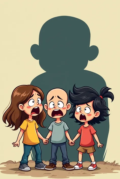  Cartoon Three friends one long hair the others long hair two hairless friends one wavy black haired friend ,scared and a shadow behind terror 