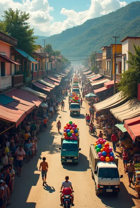 A market square next to a main road where cars with 25 balls pass by in Colombia