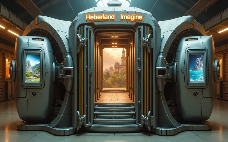 Retrofuturistic time machine with open doors to multiple scenarios. And on the front of the machine is the name of : "Heberland imagine " 