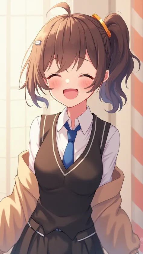 beautiful lighting, 1 girl, alone, Akane, white shirt, sweater vest, black vest, blue tie, ((anime style))、((2D))、laughter、open your mouth、(((side ponytail)))