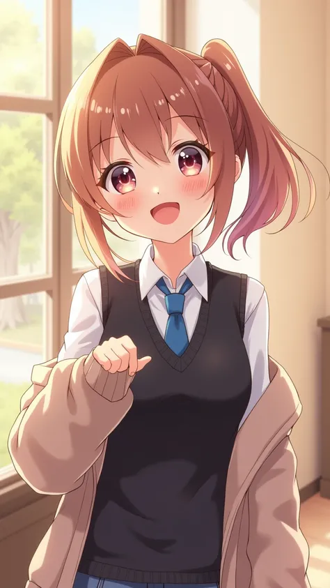 beautiful lighting, 1 girl, alone, Akane, white shirt, sweater vest, black vest, blue tie, ((anime style))、((2D))、laughter、open your mouth、(((side ponytail)))