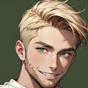 handsome man, short hair, ((crew cut)), (blonde beard), (portrait), looking at viewer, (grin), (brown hair), (green eyes), t-shirt, (background: white), (front view), (tanned skin)