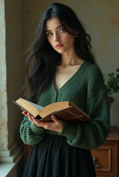  A realistic image of a woman standing and on her side holding an old book .  She has black hair and blue eyes and her clothing consists of a green sweater and a black skirt. Pink .