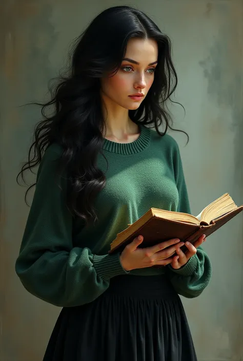  A realistic image of a woman standing and on her side holding an old book .  She has black hair and blue eyes and her clothing consists of a green sweater and a black skirt. Pink .