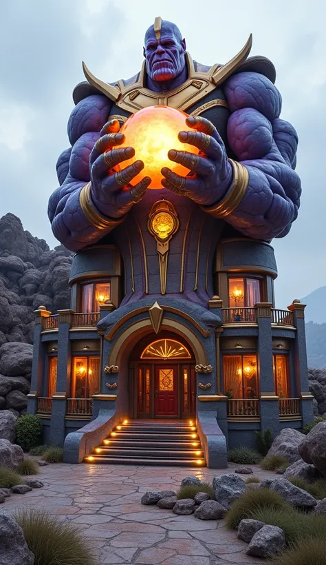 A grand and imposing three-storey house inspired by Thanos’s Infinity Gauntlet, with a facade shaped like a clenched fist holding an enormous glowing orb. The exterior incorporates metallic gold and purple finishes, with angular, alien-inspired architectur...