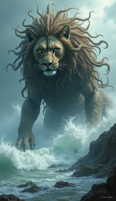 Hybrid mutant of the Mythical Giant Kraken with a lions head in the breakwater 