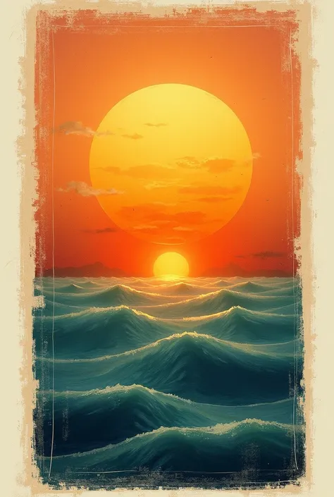  at the bottom I want a drawing of a sun with waves underneath like a sunset,  but a rectangular image upwards , like a bookmark , and be artisanal