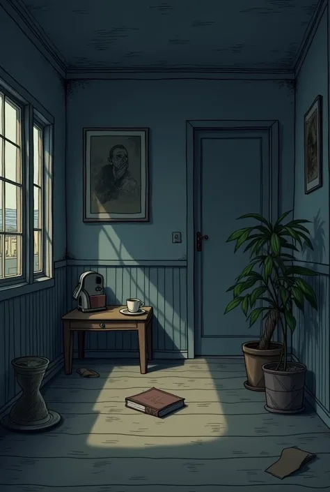 Make an apartment simple, Organized, a bit dark and gloomy in the format of Manhwa