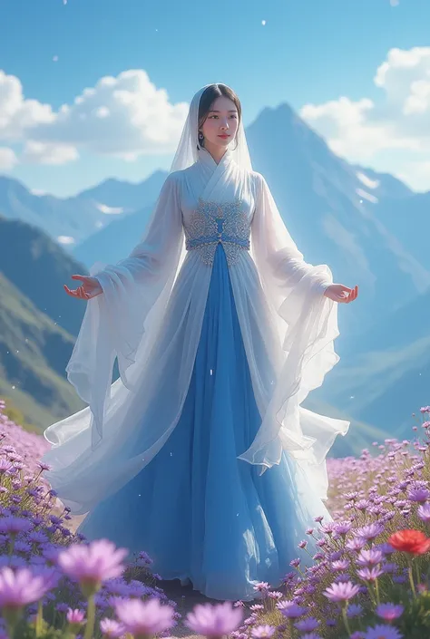  A beautiful and graceful young Korean woman , wearing hijab ,hair and neck covered in hijabs and dresses like royal princesses. His dress is white and blue with an intricate design , layered ,  and decorated with a vivid edelweiss flower texture that exud...