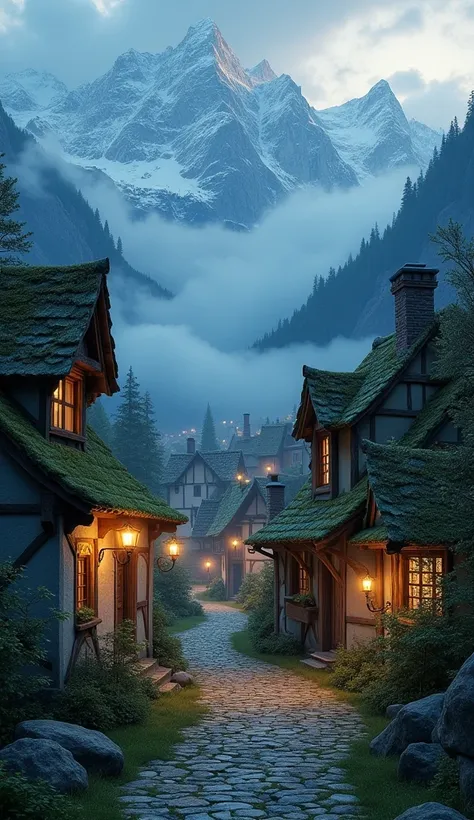 Picturesque medieval village at night moss on rooftops mountains in the background 