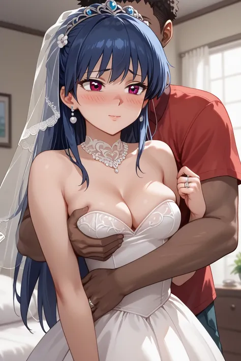 Saotome Rei, anime screencap,
aarei, long hair, blue hair, brown eyes, , small breasts,  cleavage, medium breasts, wedding dress, wedding veil, off shoulder, cleavage,wedding ring, indoors, ,hotel,medium breasts, jewelry, blushing,colarbone, 1girl, 1boy, h...