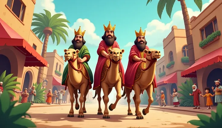 THREE KINGS RIDING IN THEIR CAMEYOS CARTOON IN THE VILLAGE