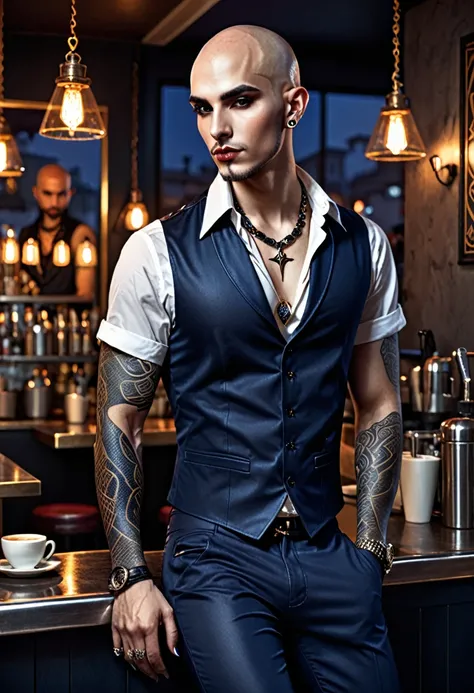 realistic, charlie-bowater-style, vampire, charismatic man, bald with tattoo of a snake (head tattoo), egyptian, shirt in dark blue matching pants, leather shoes high gloss, necklace with ankh, penetrating look, simple vest, is in a cafe at night, sitting ...