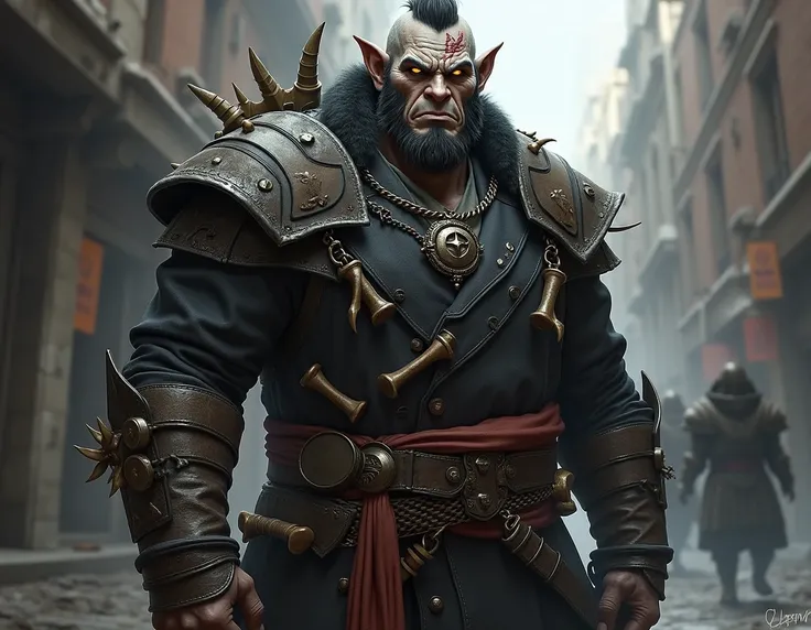 Kiev: Half-Ogre 36-year-old male . Appearance:  Gray skin with deep scars on his face and a broken right fang.  His eyes are yellow and twinkle with ferocity .  He wears a rudimentary iron medallion around his neck .
Outfit:  Suit reinforced with a mesh ri...