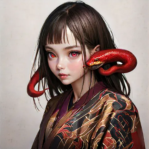 ( Ultra realistic)  a girl with  (red iris), (VERTICAL EYE PUPIL),  HER HAIR SHAPED LIKE SEVERAL SNAKES , (Hair/purple/Of snakes ), wearing a black and gold Japanese summer kimono,  with socks above the knees , (standing), (neutral background), ( Ultra rea...