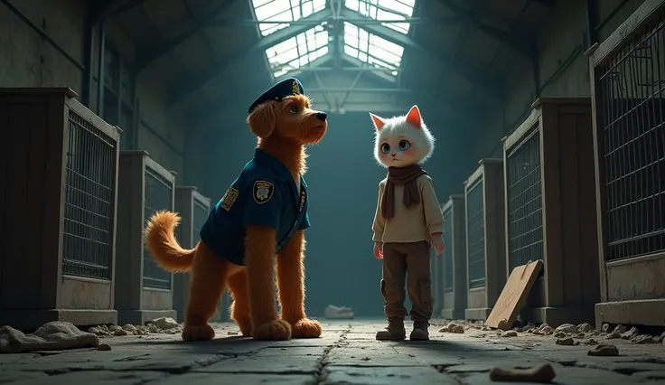 Style: Realistic, cinematic, action, sharp, concept art. Details: The long shot, a dog police step to big square cage, BREAK, a baby girl cat sit, hugging her legs, inside of big square cage, inside of big abandoned house, at night. Character: a dog police...