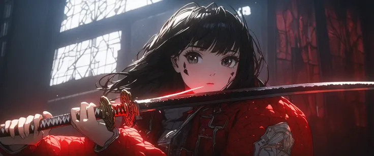 una persona con una sword en la mano,  in a black and white image , 1 girl, Arm, Alone, holding, sword,  black hair , holding un Arm, red background, katana, holding una sword,  looking at the spectator, Shiny hair,  black , jacket,  detailed hair, string,...